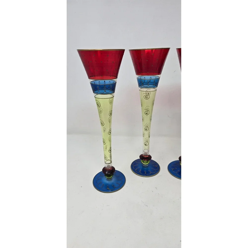 Pier 1 hand painted and blown Champagne flutes Multi Color hollow stem set of‎ 4
